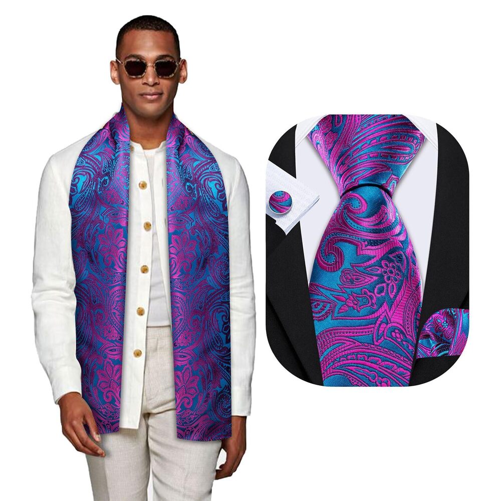 6213 Fuchsia Teal Scarf and Tie Paisley Silk Necktie Pocket Square
